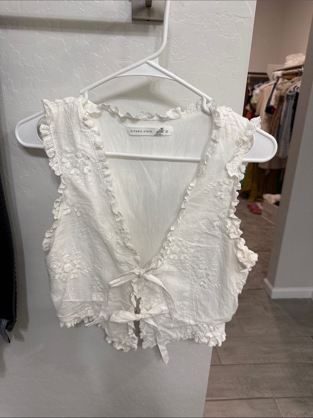 Altar'd State Cream Embroidered Tie-Front Ruffle Crop Top